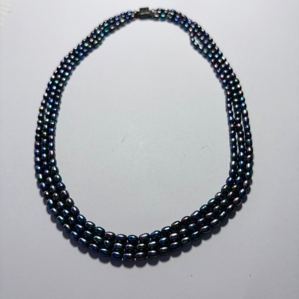 Multi Strand Peacock Pearl Necklace Blue Green Iridescent 18” - Picture 2 of 11